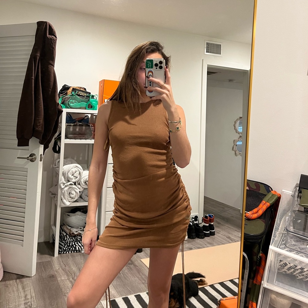 Lioness Brown Knit Dress with Ruched Tie Sides